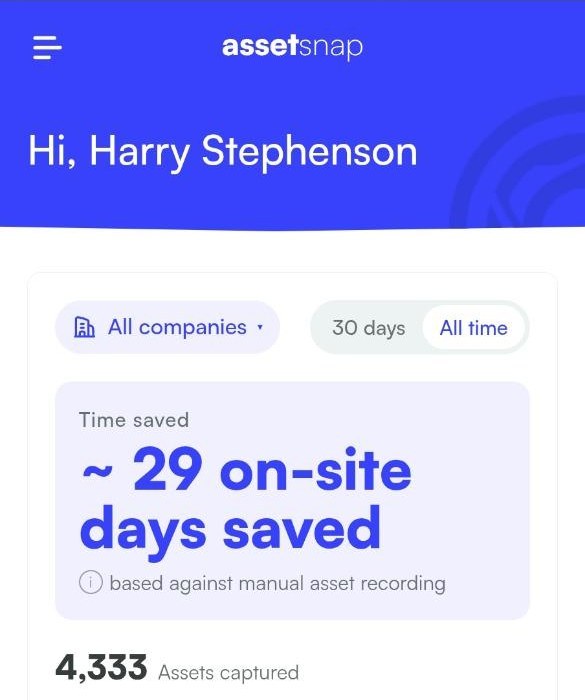 AssetSnap home screen showing time saved against manual recording and Start scanning