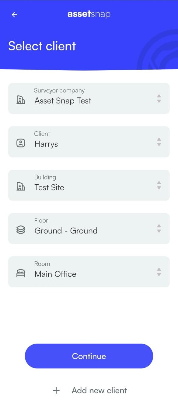 AssetSnap screen for choosing the client, building, floor and room